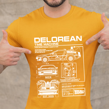 Personalized DeLorean Time Machine T-Shirt | Blueprint with Name and Year | Back to the Future Gift
