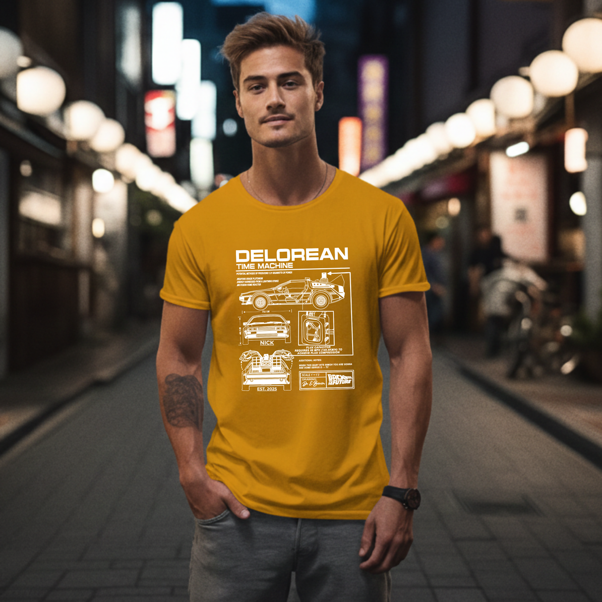 Personalized DeLorean Time Machine T-Shirt | Blueprint with Name and Year | Back to the Future Gift