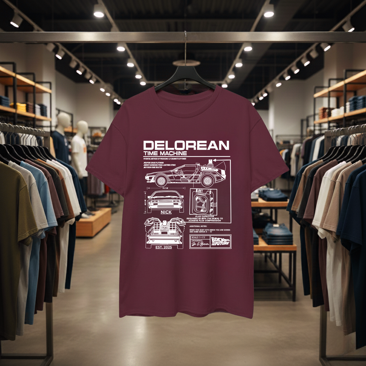 Personalized DeLorean Time Machine T-Shirt | Blueprint with Name and Year | Back to the Future Gift