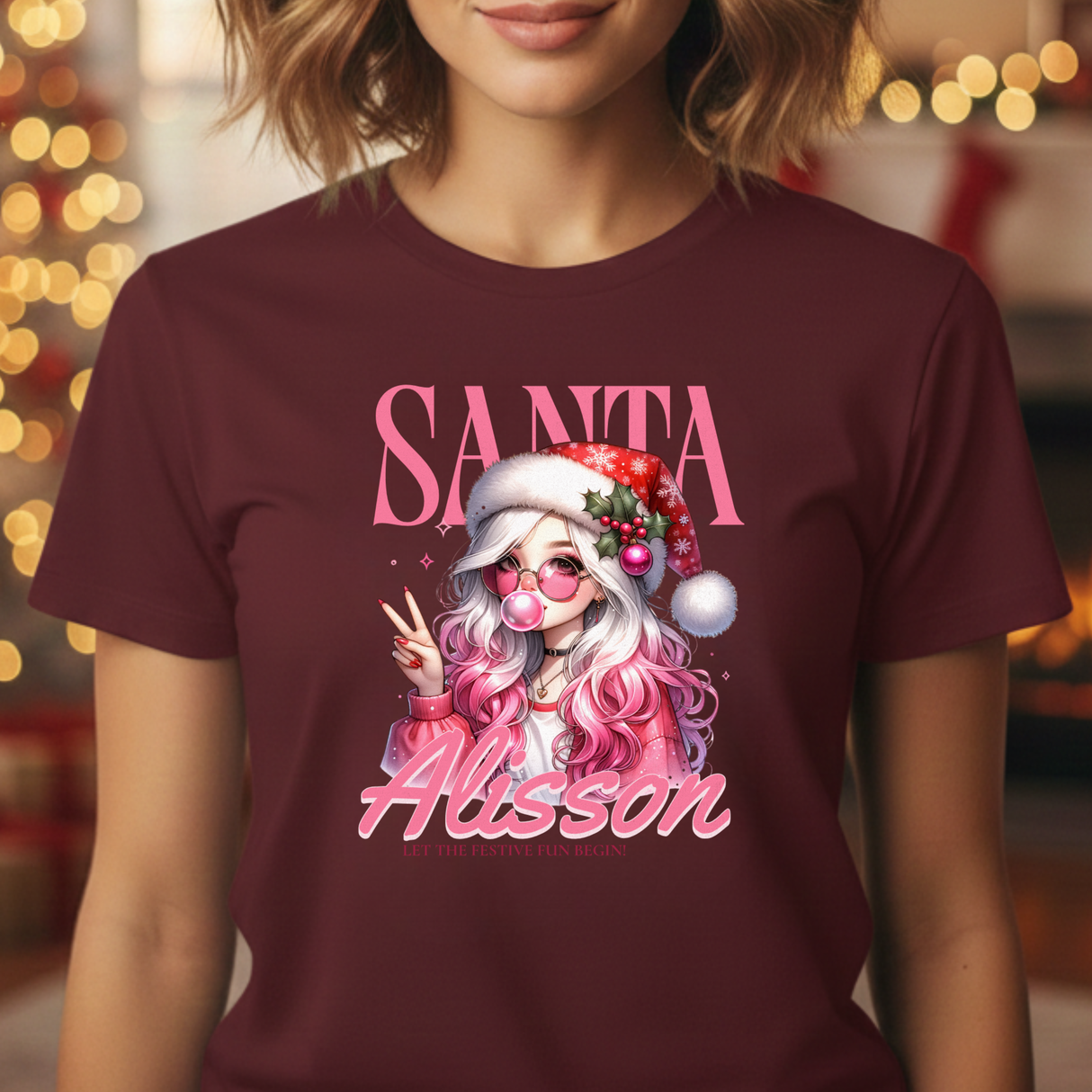 Christmas Gift: Personalized Santa Baby Tee 'Pink Holiday Girl' T-Shirt for Her