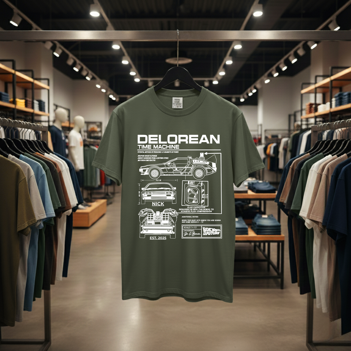 Personalized DeLorean Time Machine T-Shirt | Blueprint with Name and Year | Back to the Future Gift