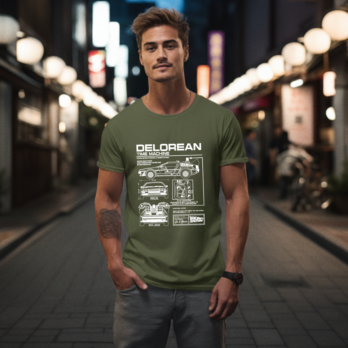 Personalized DeLorean Time Machine T-Shirt | Blueprint with Name and Year | Back to the Future Gift