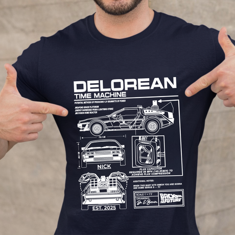 Personalized DeLorean Time Machine T-Shirt | Blueprint with Name and Year | Back to the Future Gift