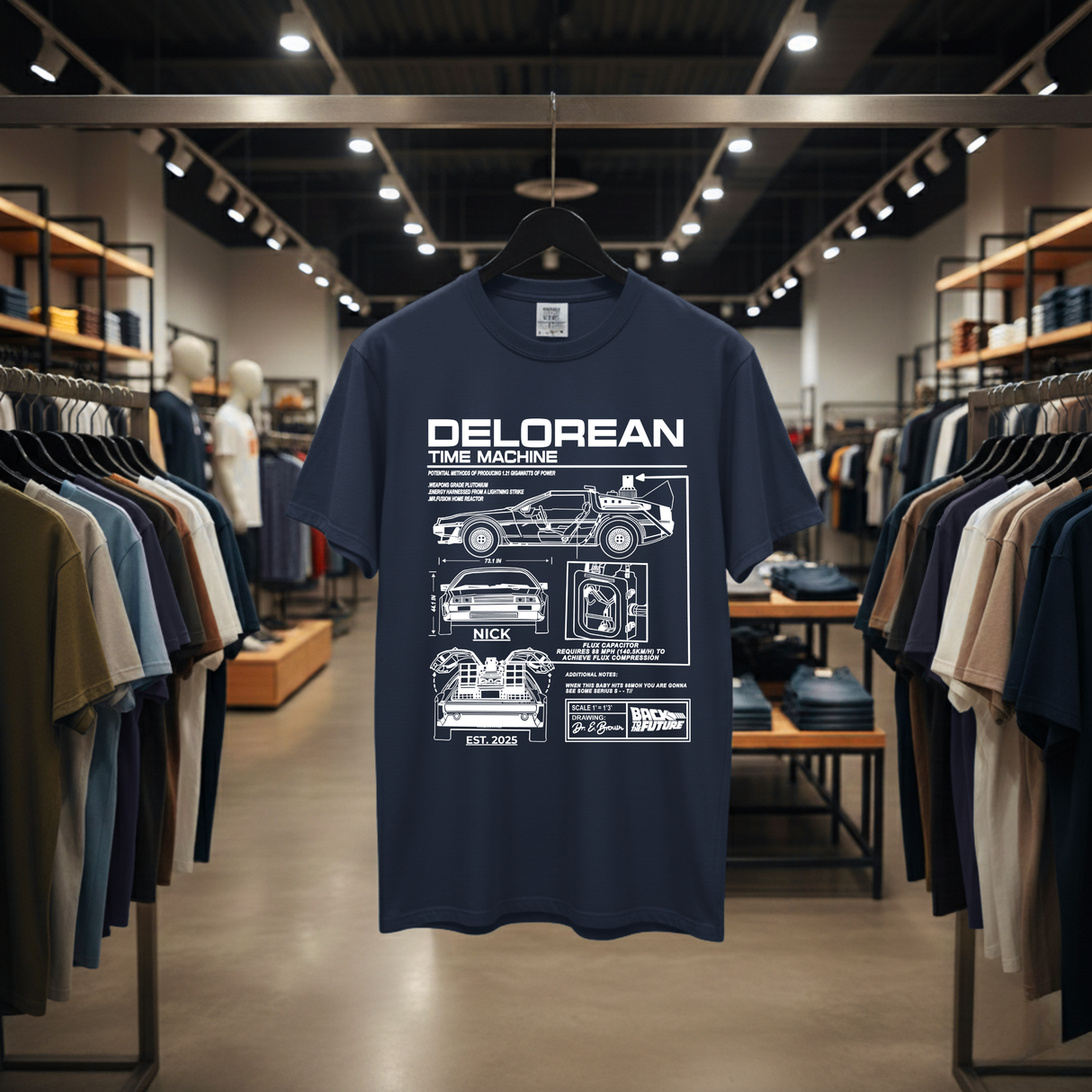 Personalized DeLorean Time Machine T-Shirt | Blueprint with Name and Year | Back to the Future Gift