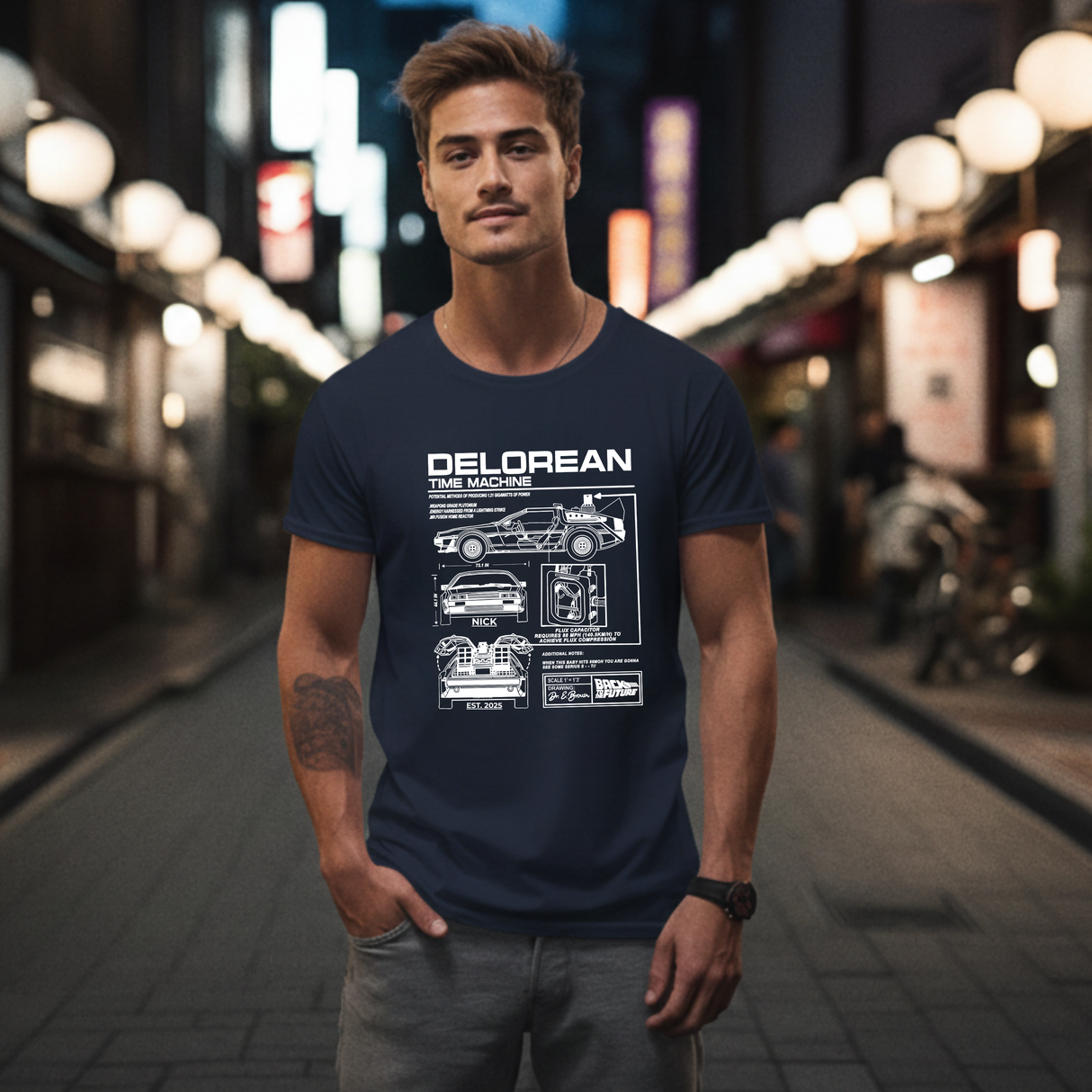 Personalized DeLorean Time Machine T-Shirt | Blueprint with Name and Year | Back to the Future Gift