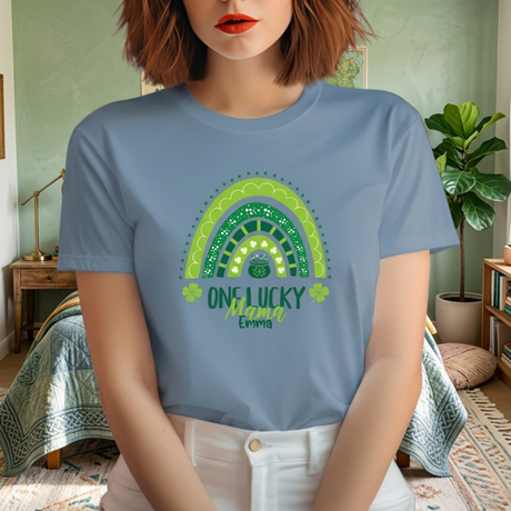 Personalized "One Lucky Mama" T-Shirt - Custom Name Green Rainbow Tee