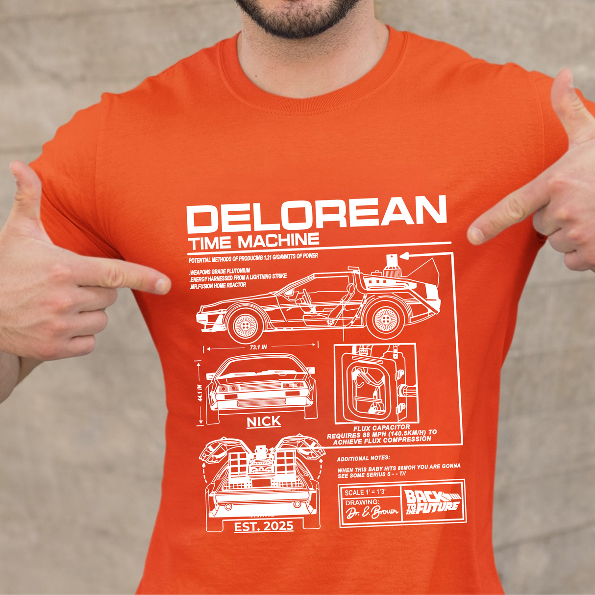 Personalized DeLorean Time Machine T-Shirt | Blueprint with Name and Year | Back to the Future Gift