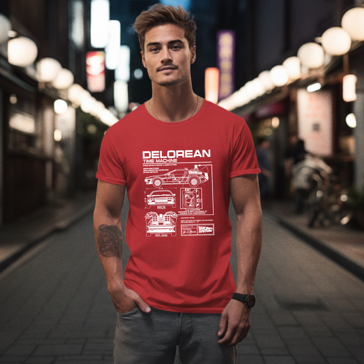 Personalized DeLorean Time Machine T-Shirt | Blueprint with Name and Year | Back to the Future Gift