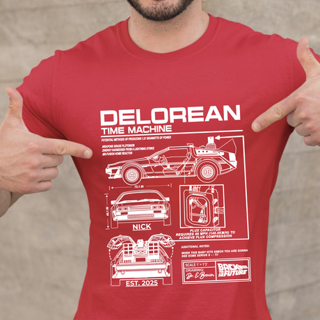 Personalized DeLorean Time Machine T-Shirt | Blueprint with Name and Year | Back to the Future Gift