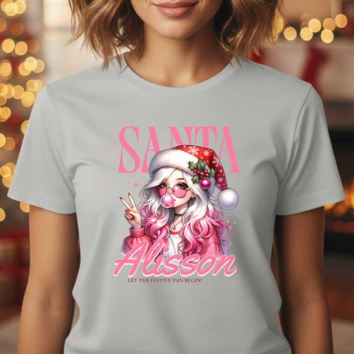 Christmas Gift: Personalized Santa Baby Tee 'Pink Holiday Girl' T-Shirt for Her