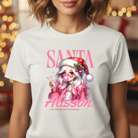 Christmas Gift: Personalized Santa Baby Tee 'Pink Holiday Girl' T-Shirt for Her