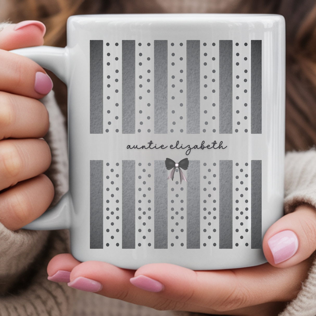 Personalized Auntie Stripes and Dots Coffee Mug - Pregnancy Announcement & Baby Reveal Gift