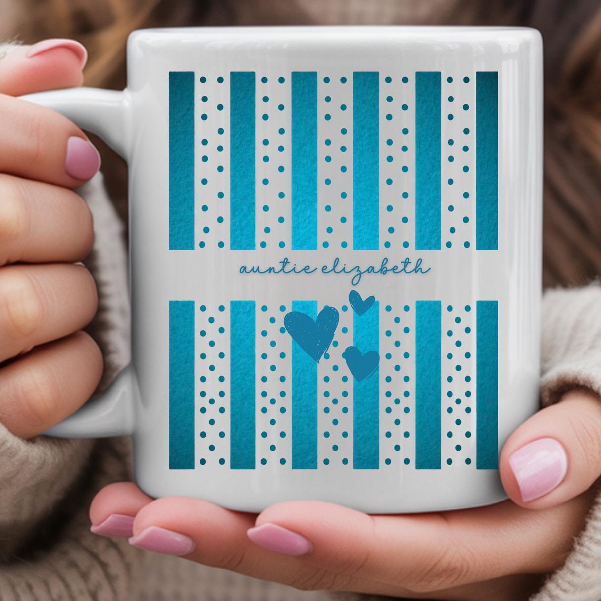 Personalized Auntie Stripes and Dots Coffee Mug - Pregnancy Announcement & Baby Reveal Gift