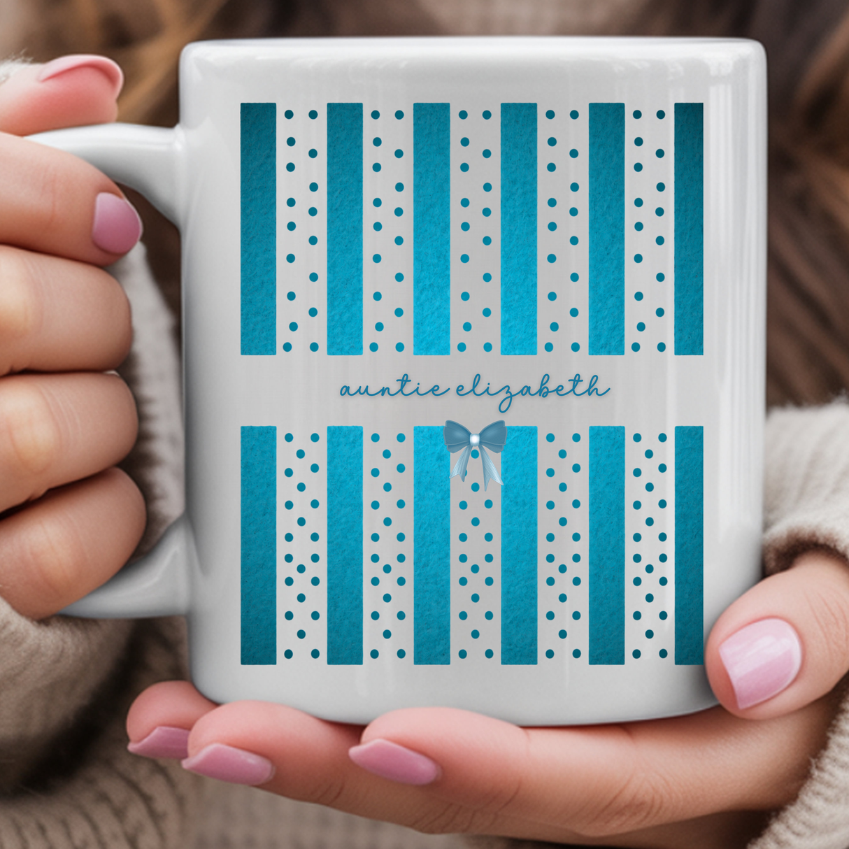 Personalized Auntie Stripes and Dots Coffee Mug - Pregnancy Announcement & Baby Reveal Gift