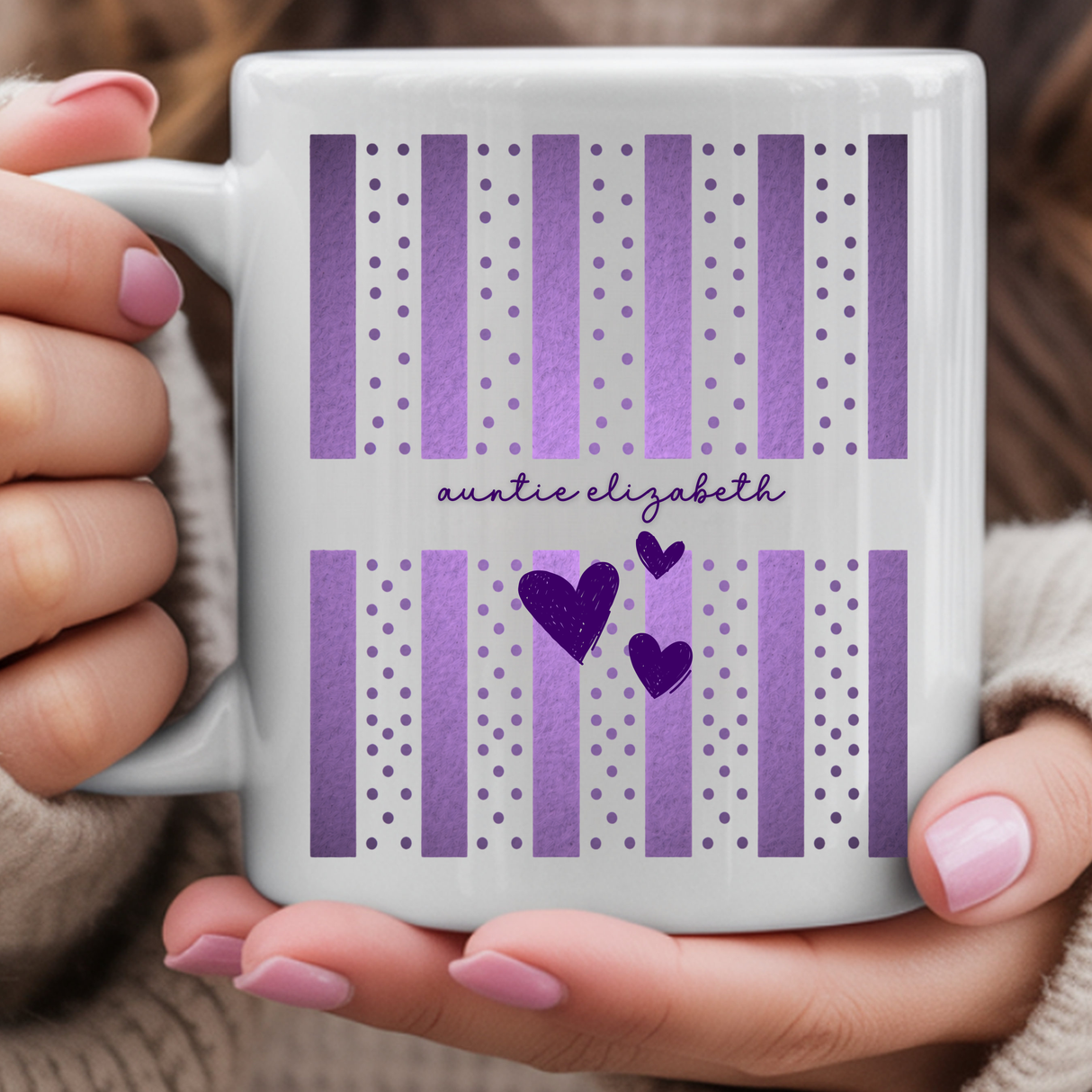 Personalized Auntie Stripes and Dots Coffee Mug - Pregnancy Announcement & Baby Reveal Gift