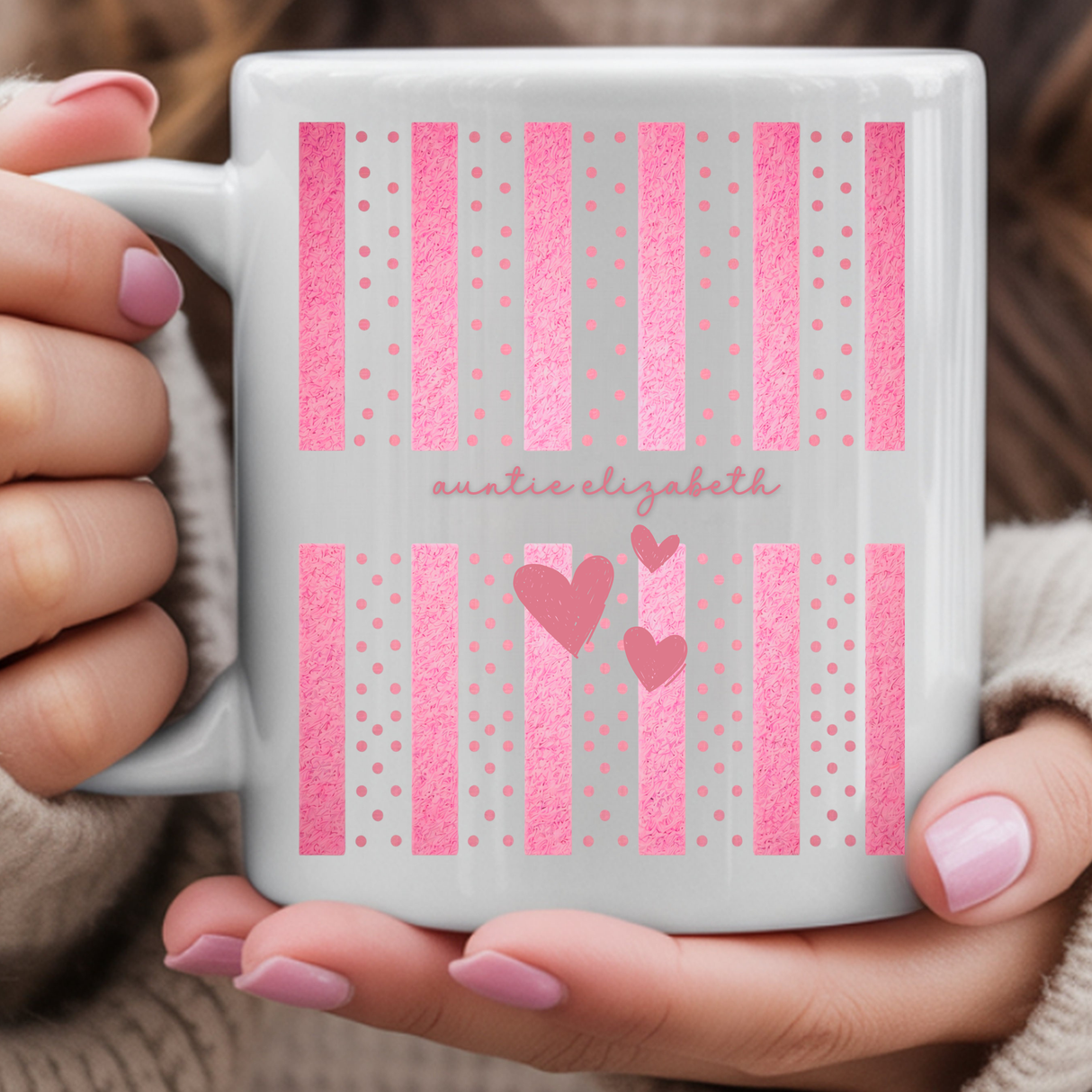 Personalized Auntie Stripes and Dots Coffee Mug - Pregnancy Announcement & Baby Reveal Gift