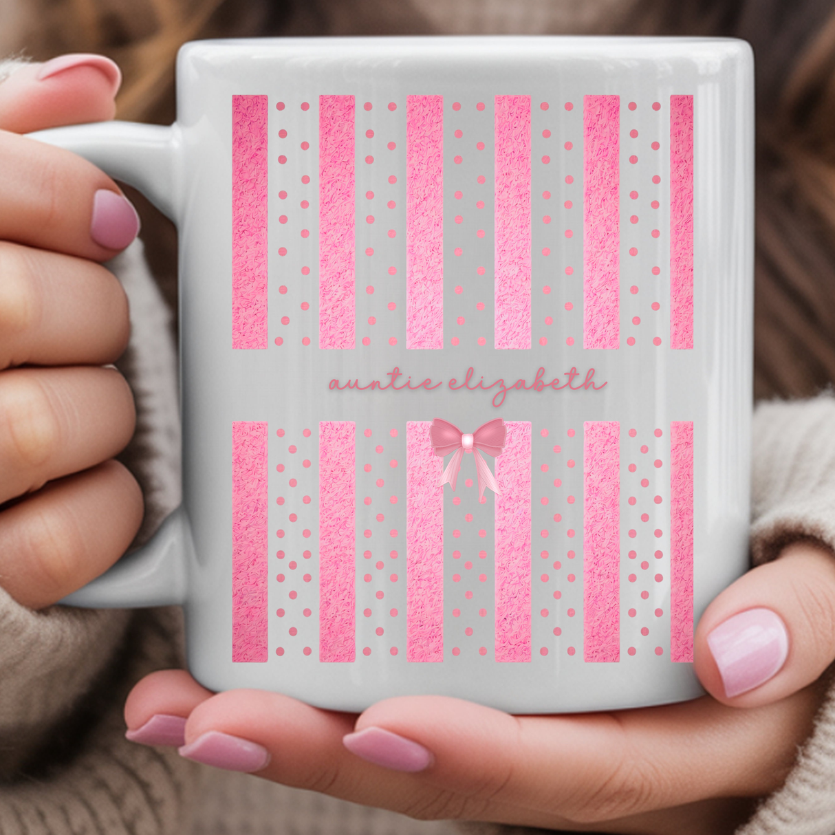 Personalized Auntie Stripes and Dots Coffee Mug - Pregnancy Announcement & Baby Reveal Gift