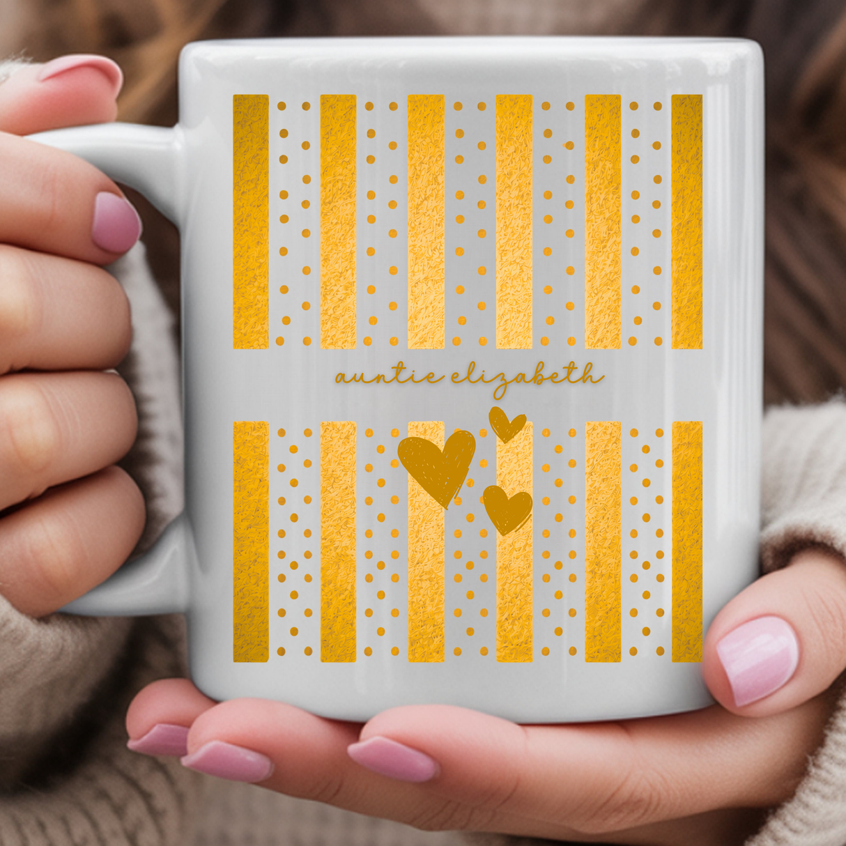 Personalized Auntie Stripes and Dots Coffee Mug - Pregnancy Announcement & Baby Reveal Gift